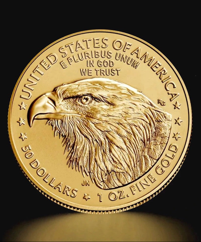 Gold coin with an eagle design and inscriptions on a black background